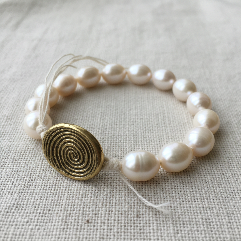 Freshwater pearl strand necklace with gold toggle clasp on ivory linen surface