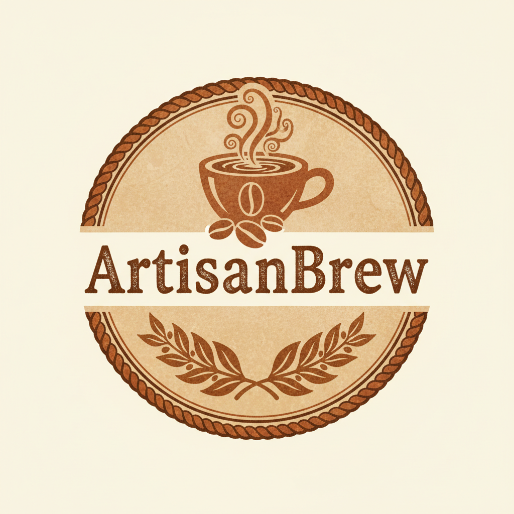 Artisan coffee shop branding materials with brown and cream colors on wooden table