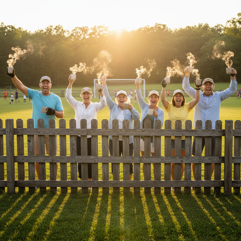 Parents cheering behind fence with coffee steam rising on a sunny summer morning