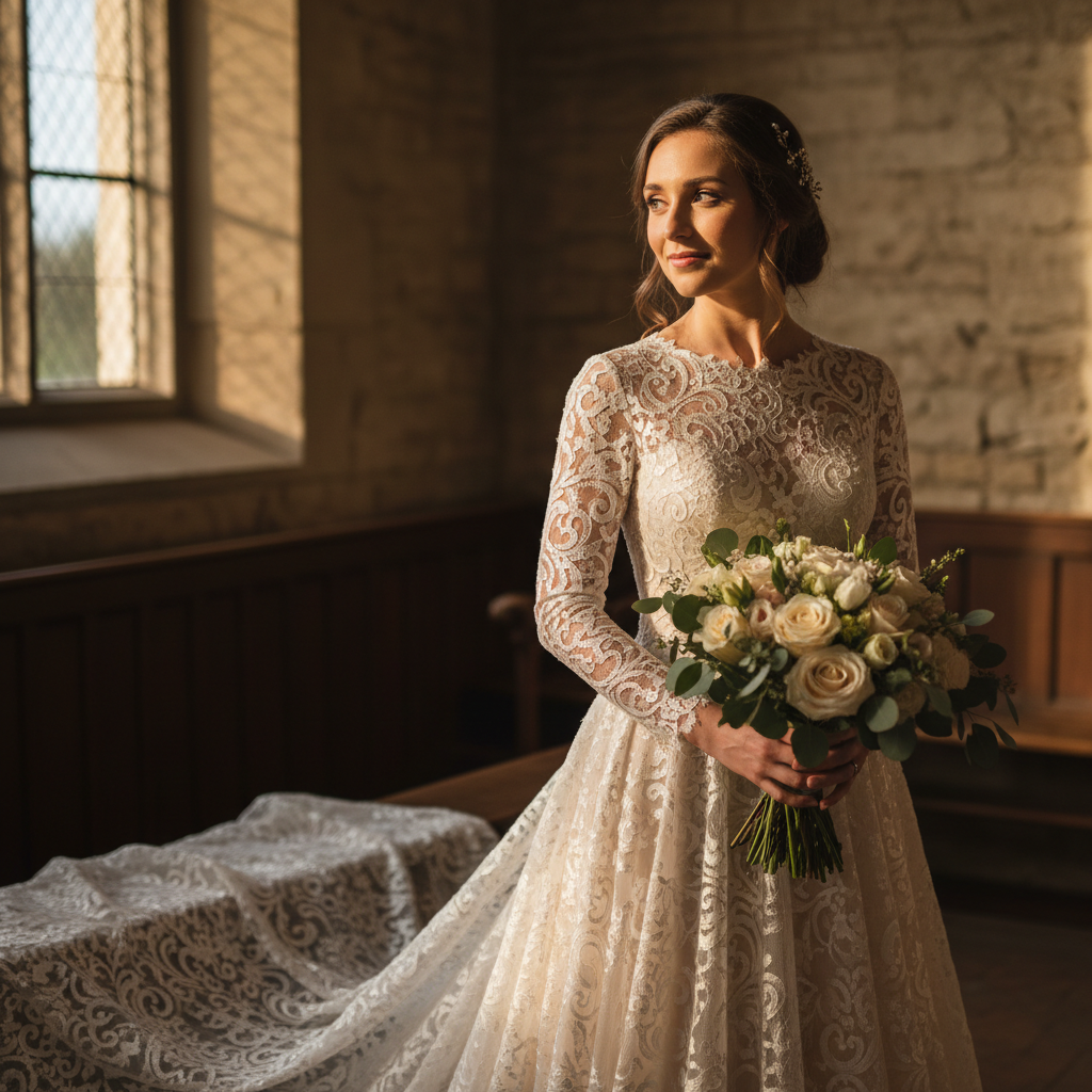 Bride in full-length ivory silk gown with cathedral train, bright airy studio, white walls, natural window light flooding the space