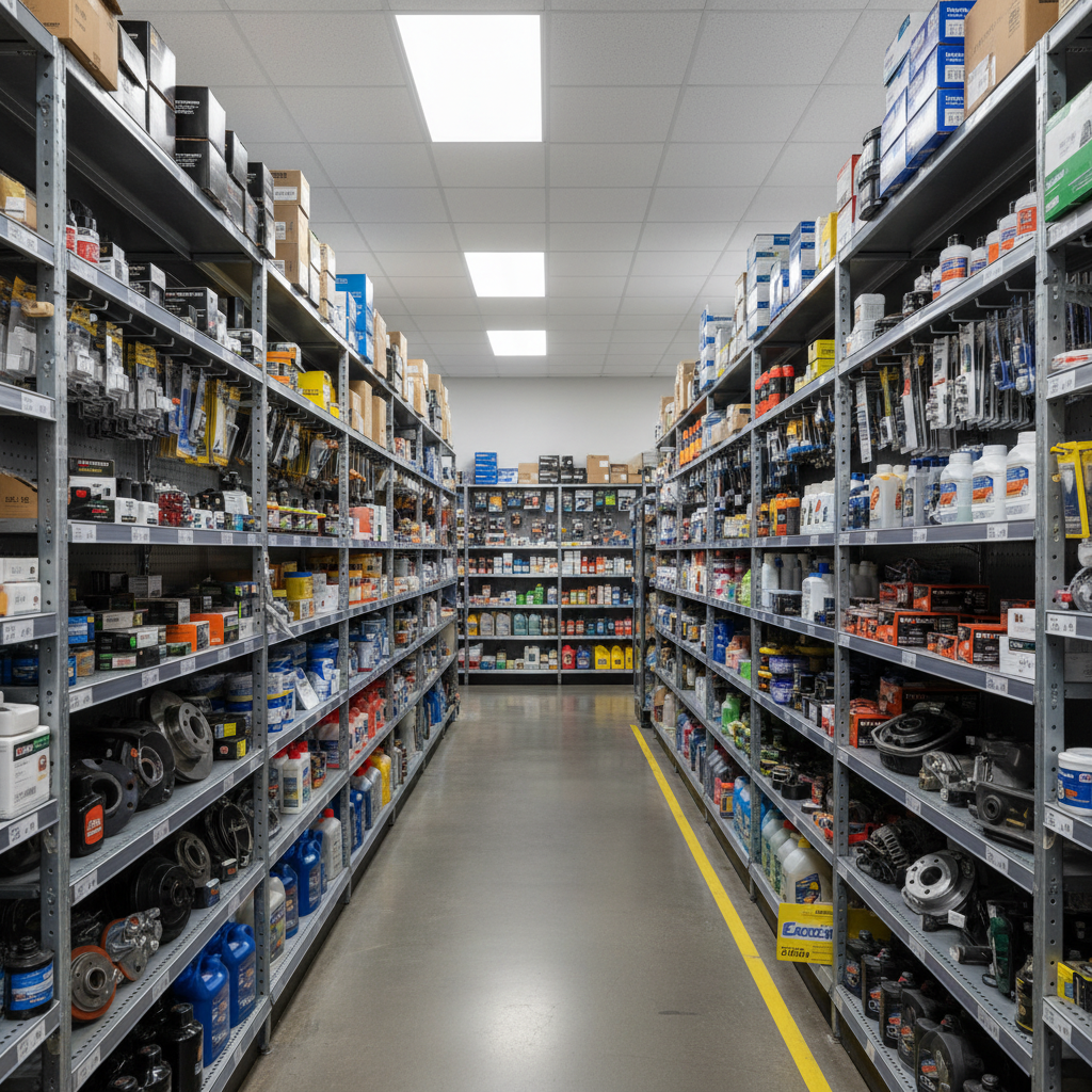 OEM auto parts arranged on warehouse shelf, organized inventory, professional automotive parts storage