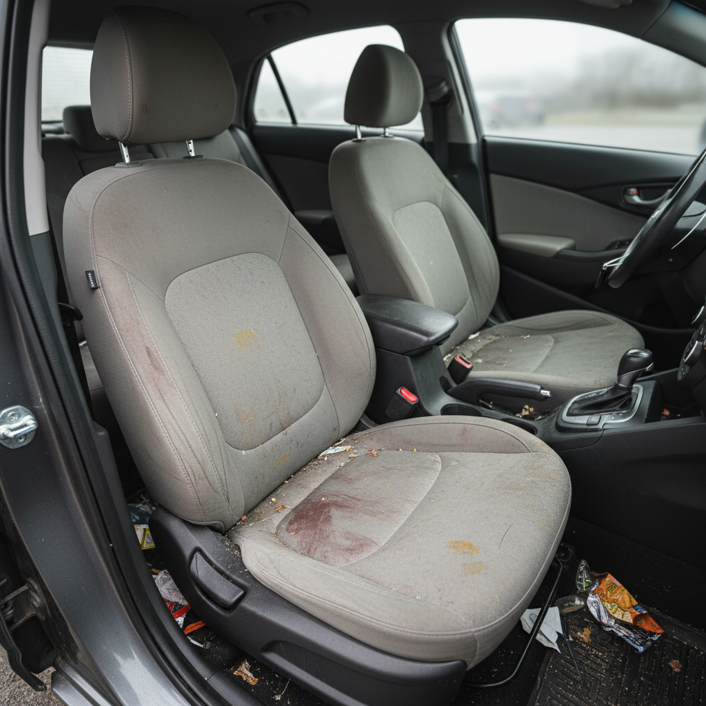 Upholstery spot cleaning on car seat fabric, cleaning tool applied to gray cloth