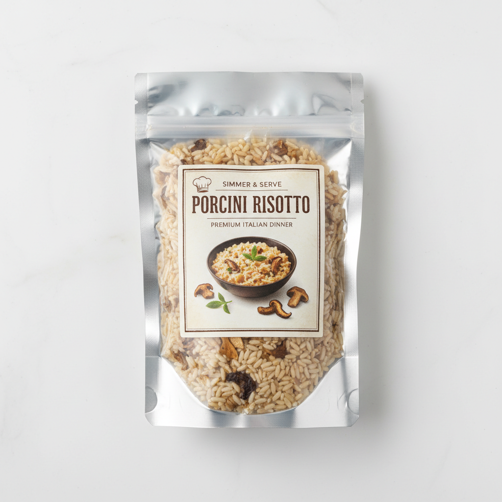 Vacuum-sealed Simmer pouch of Porcini Risotto