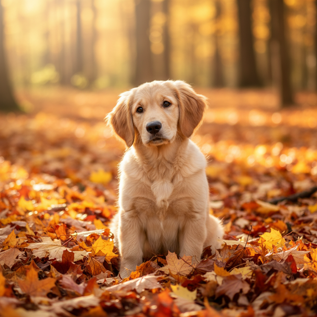 Waffles the golden retriever puppy with floppy ears sitting in autumn leaves