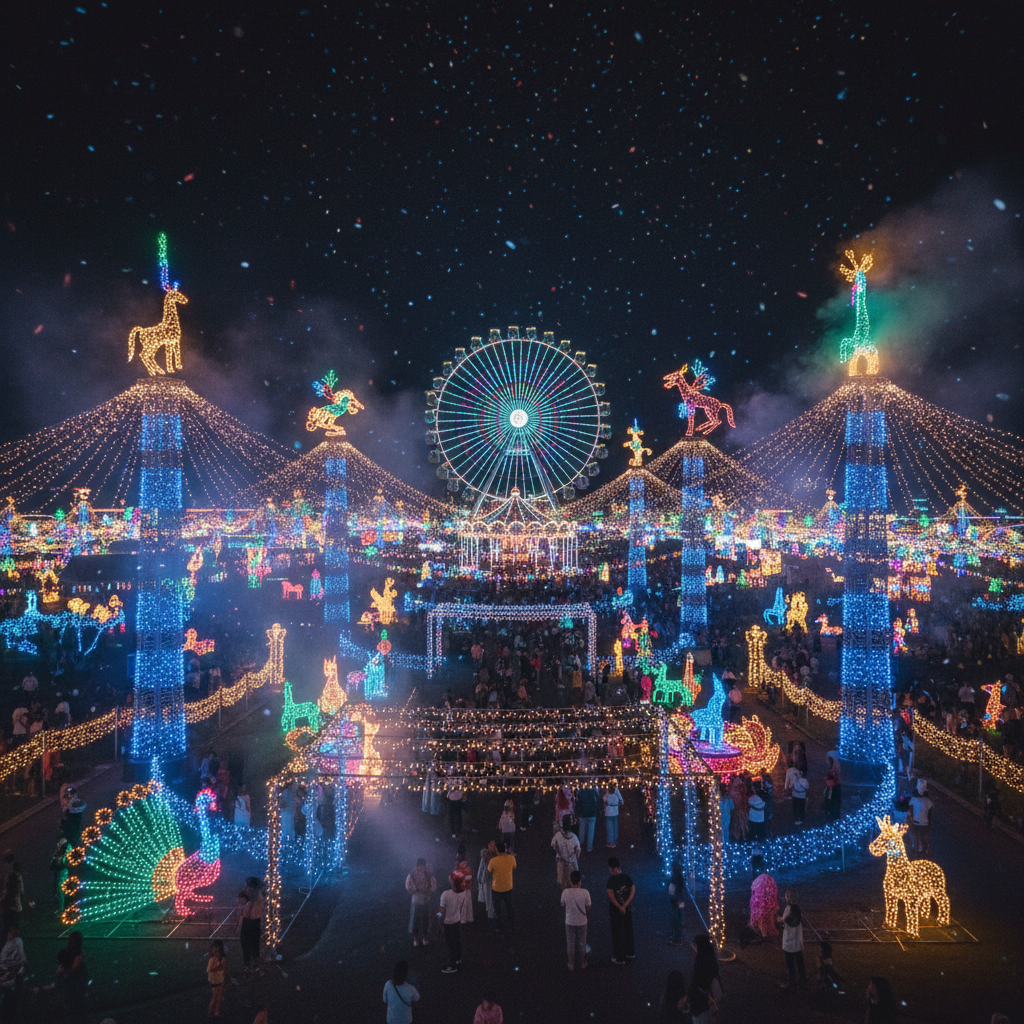 Festliche Karnevalsatmosphäre mit bunten Lichtern und jubelnder Menge, dunkle Abendstimmung mit roten und goldenen Farben
