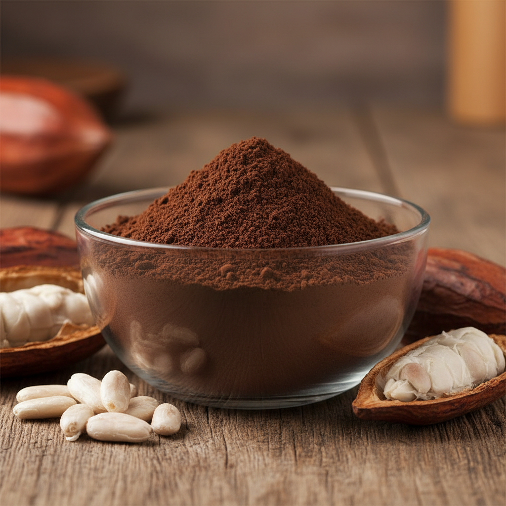 Dark cacao powder in a glass bowl with whole cacao pods beside it
