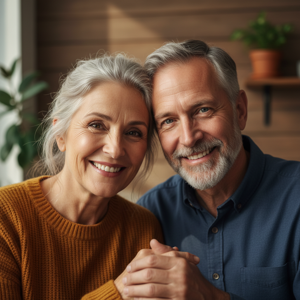 Mature couple smiling warmly, snowbird homeowners from Boston