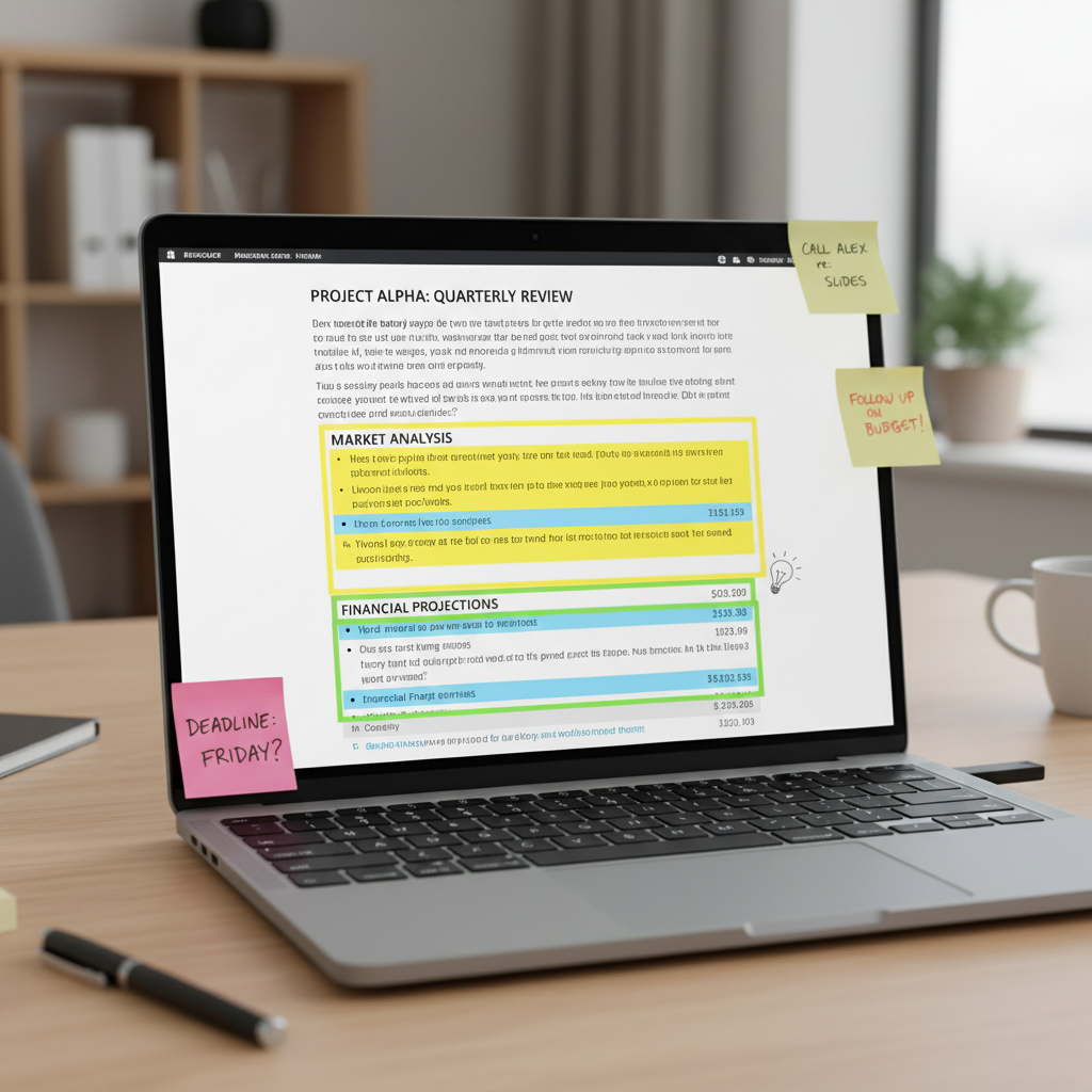 Laptop screen showing a structured document with highlighted sections and sticky notes around it