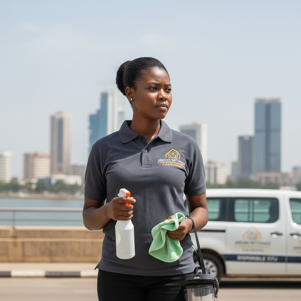 Professional cleaner in protective gear disinfecting surfaces in a bright commercial space, spray bottle and microfiber cloth, sanitization service