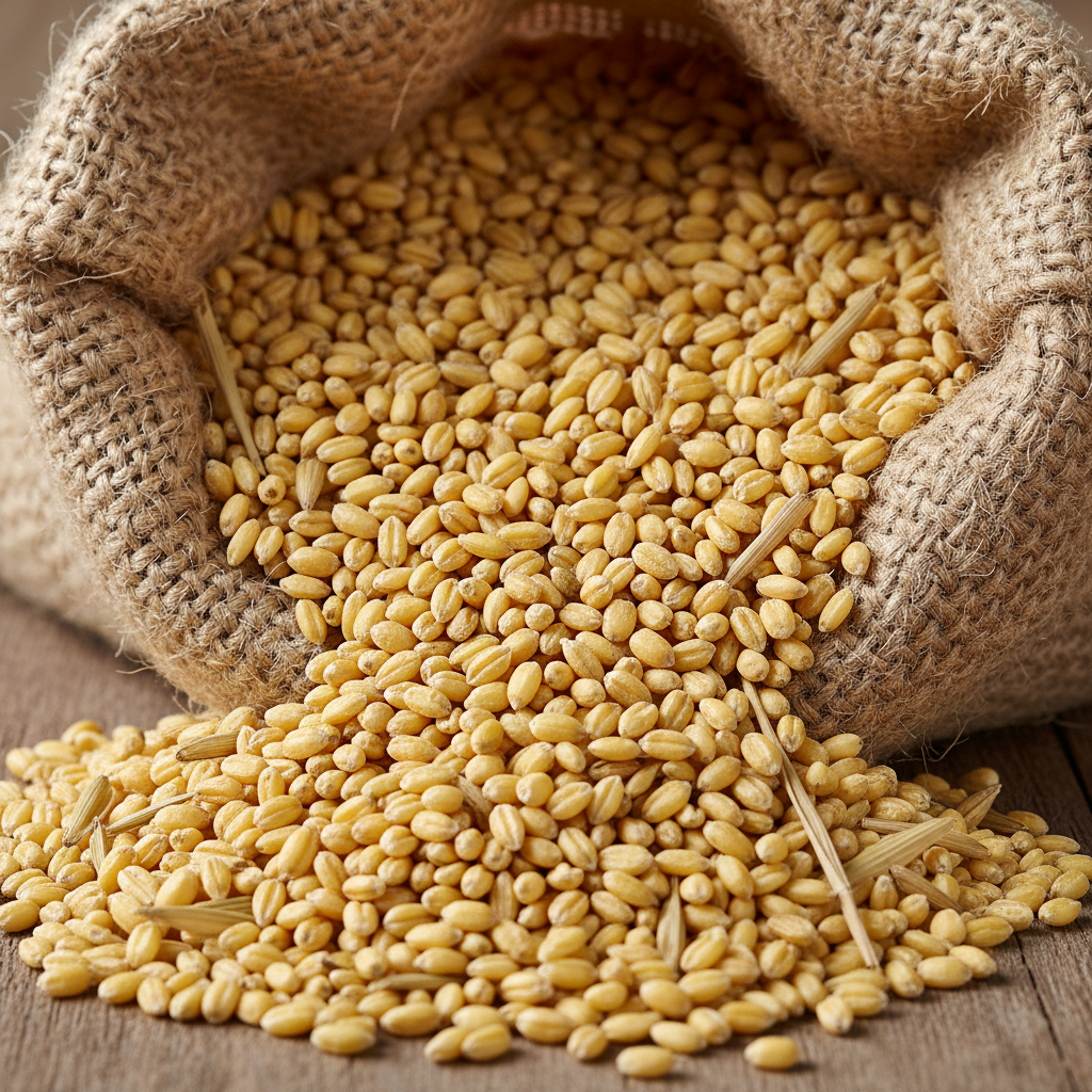 Golden wheat grains in burlap sack