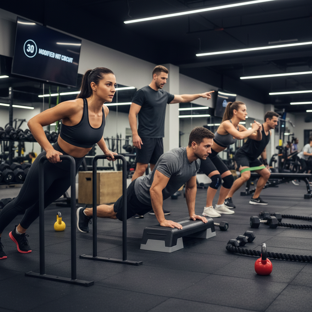Group fitness class with people doing high-intensity interval training