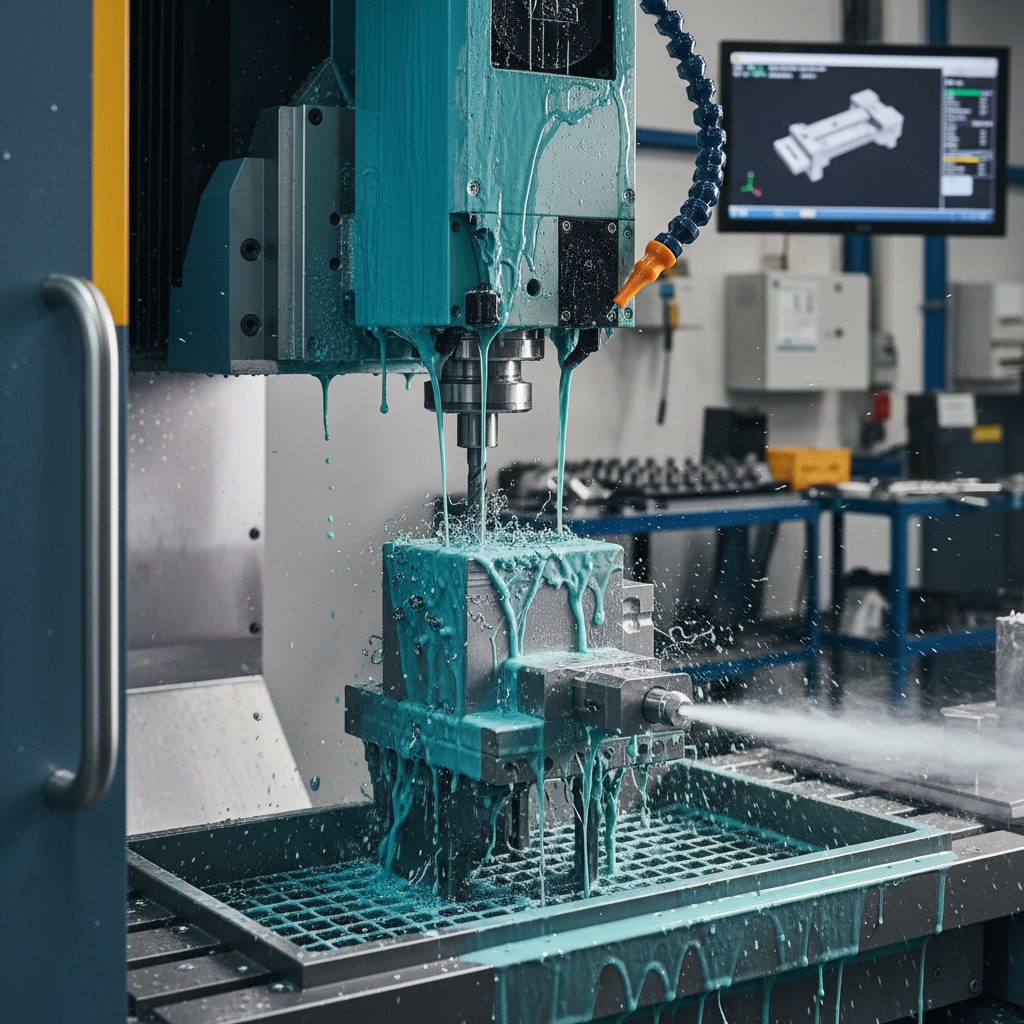 Five-axis CNC milling machine cutting titanium workpiece with coolant flood and chip evacuation during aerospace component production