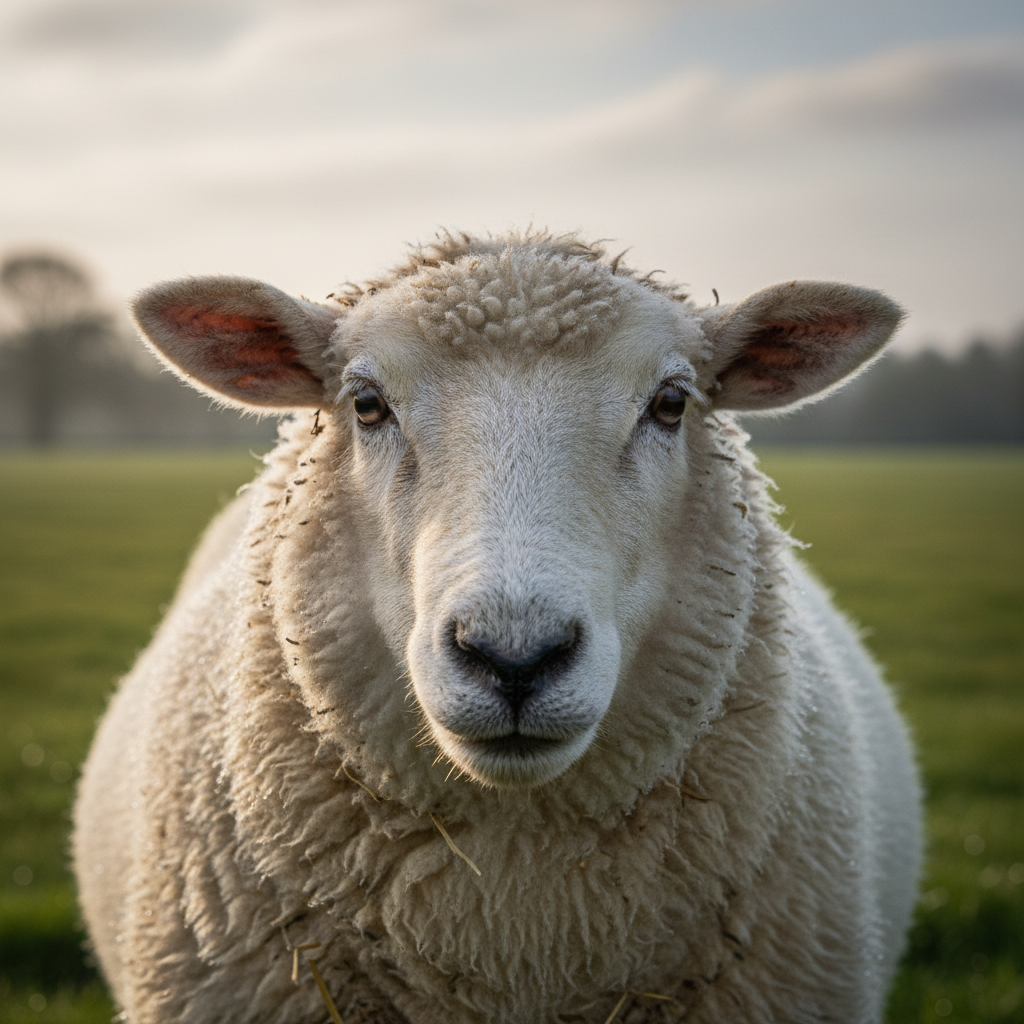 White sheep with thick wool coat grazing on green hill, farm photography