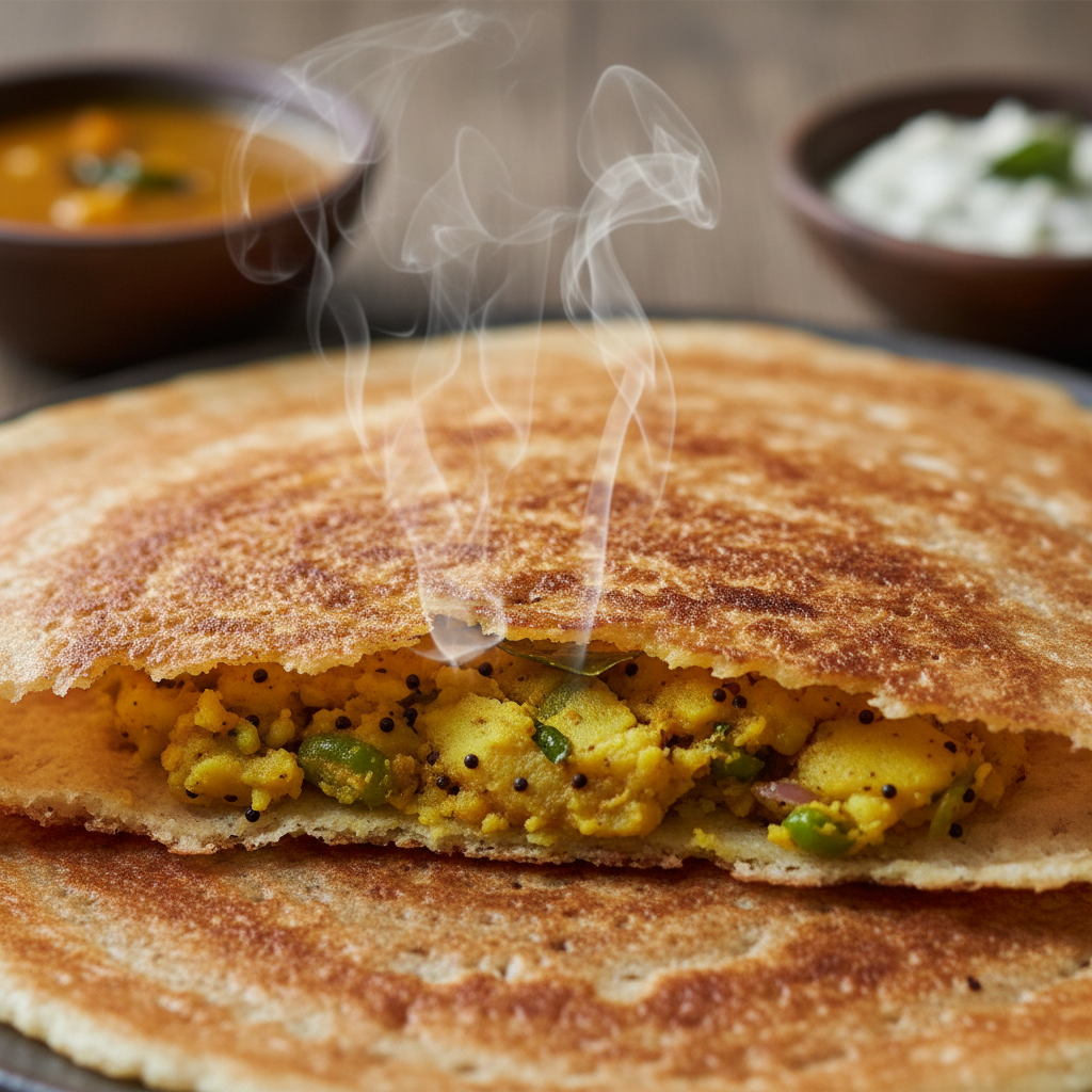 Masala dosa crispy crepe filled with spiced potato stuffing