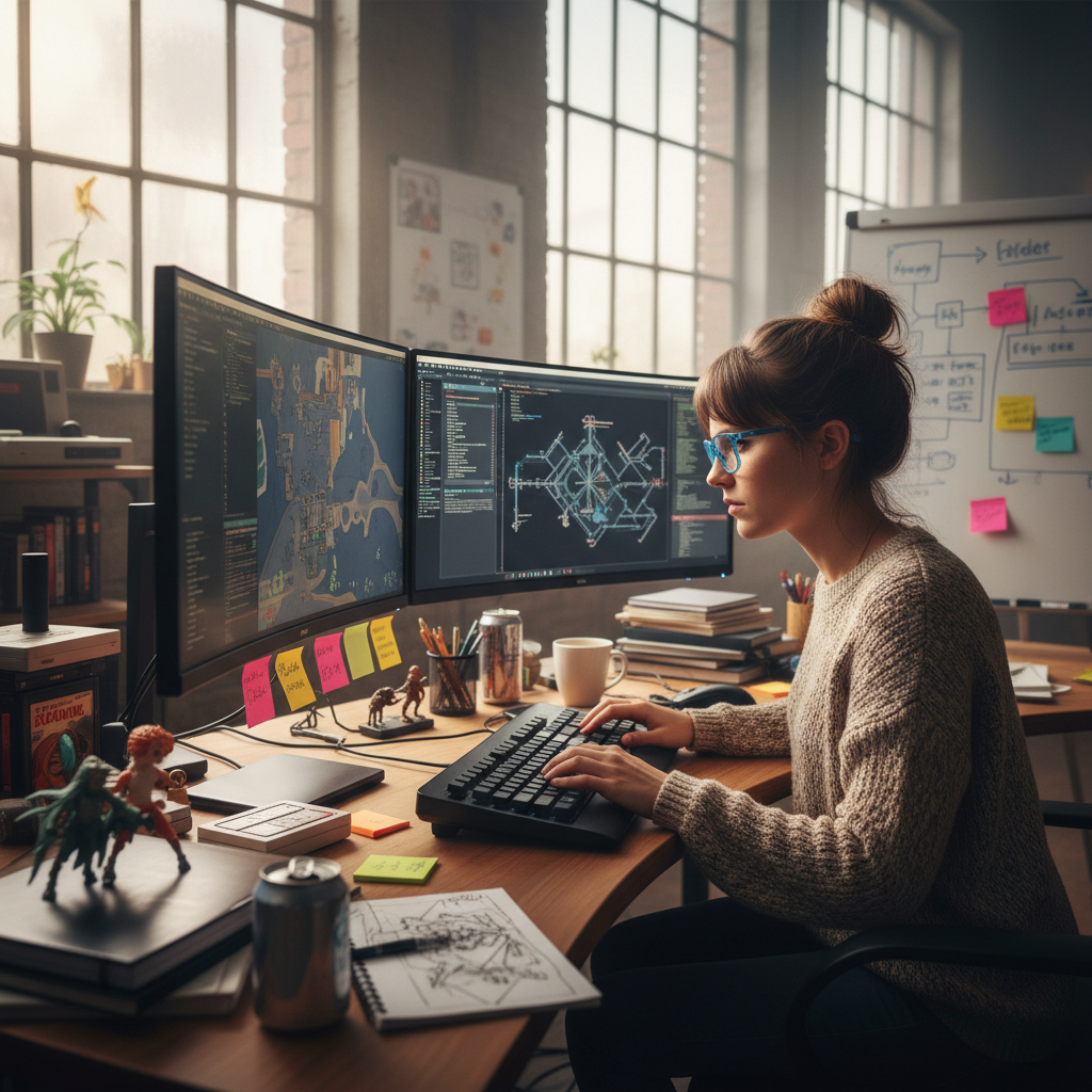 Setup studio workspace dengan dual monitor, drawing tablet Wacom, mechanical keyboard, dan berbagai action figures karakter game sebagai referensi