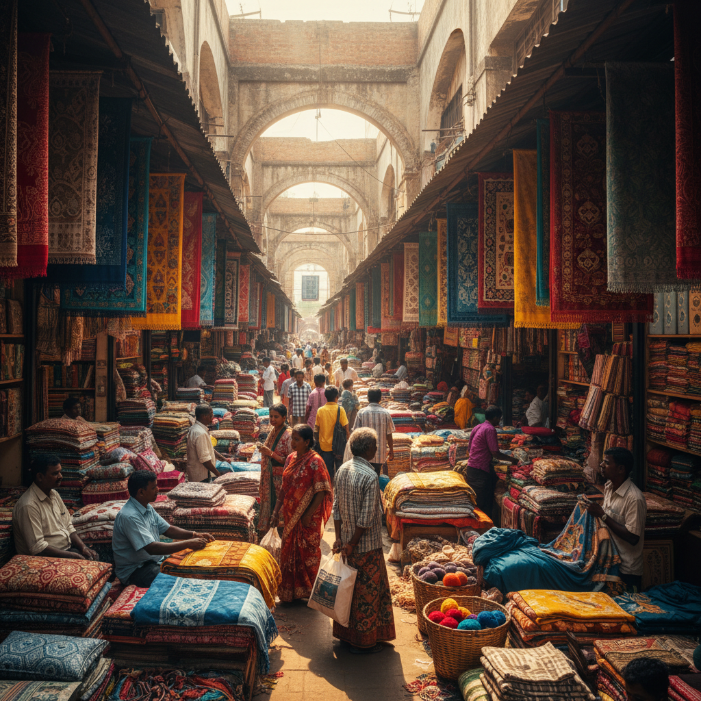 Indian textile market with colorful sarees and ethnic wear fabrics displayed in a vibrant wholesale market, warm amber-toned lighting, rich deep shadows