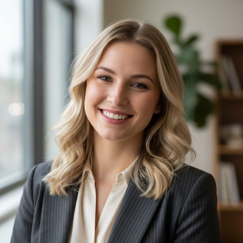Young professional woman with blonde hair in business casual attire with warm smile