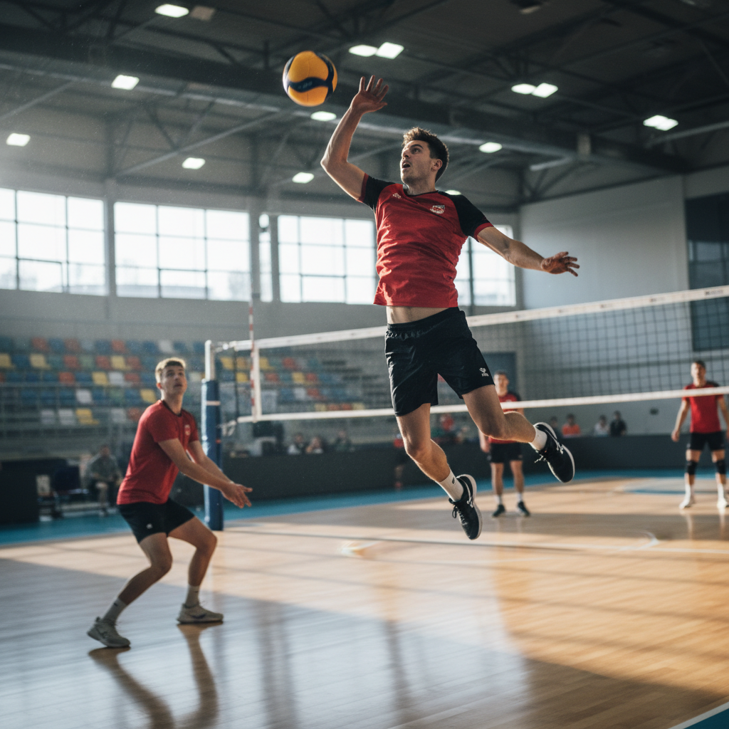 Athletic male volleyball player in mid-jump wearing dark athletic gear
