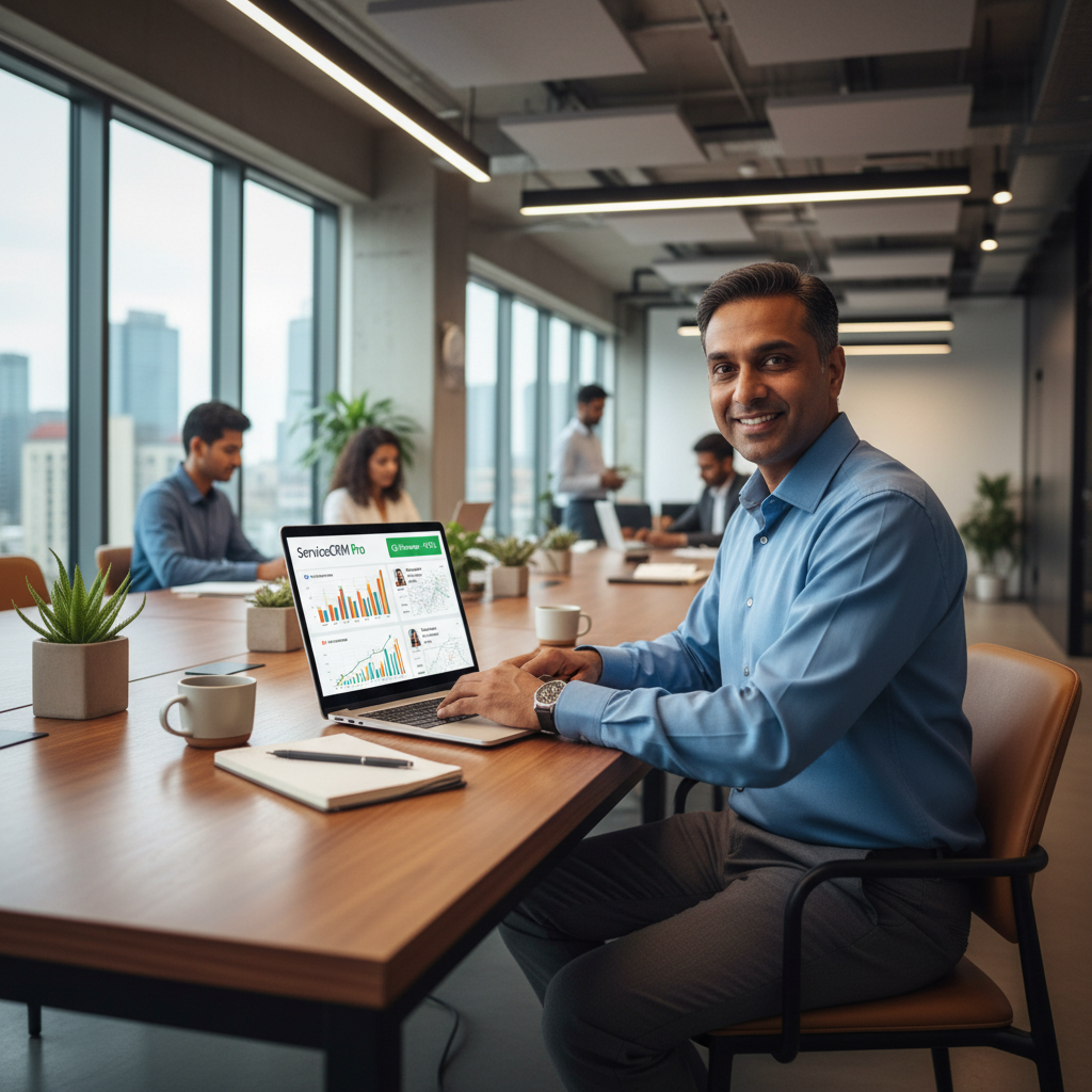 Happy customer, Indian businessman in office