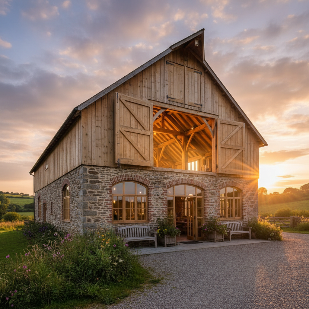 Rustic converted dairy barn with original stone foundation and new timber-framed interior visible through open hay loft doors