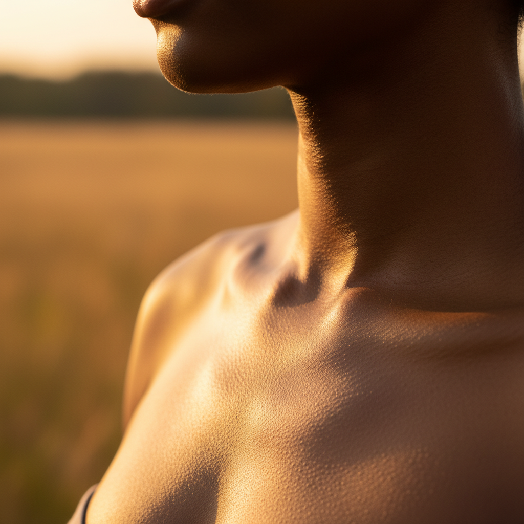 Close-up of dark brown skin across the décolletage, lit in golden-hour warmth with a visible sheen catching light along the clavicle