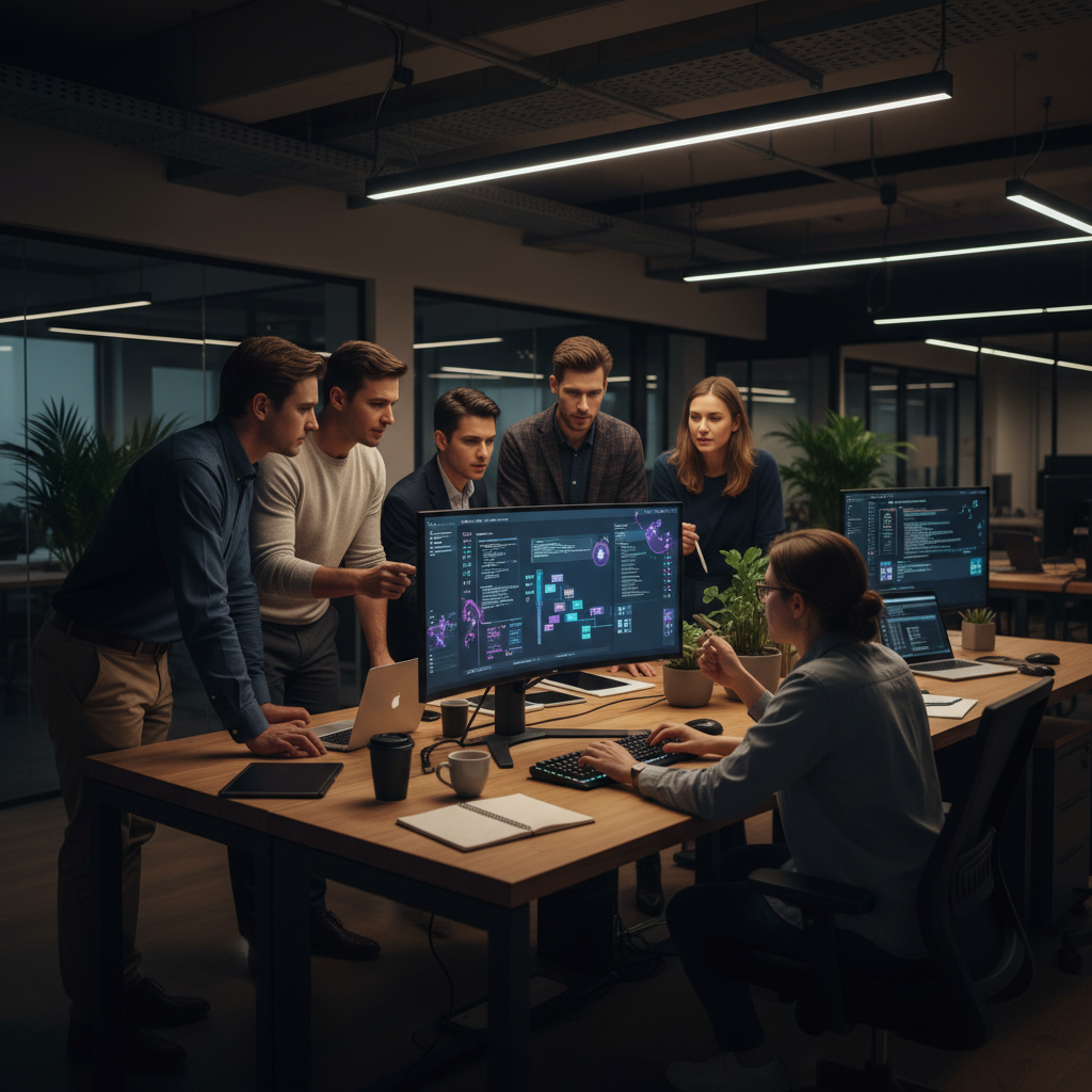 SaaS brand campaign showing team collaboration and product interface in dark theme