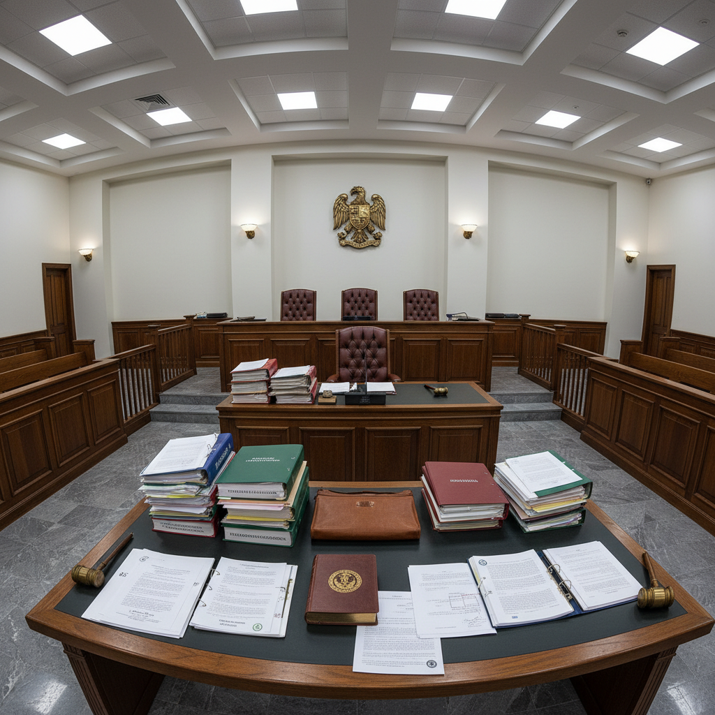 Courtroom documents and legal papers on a wooden desk