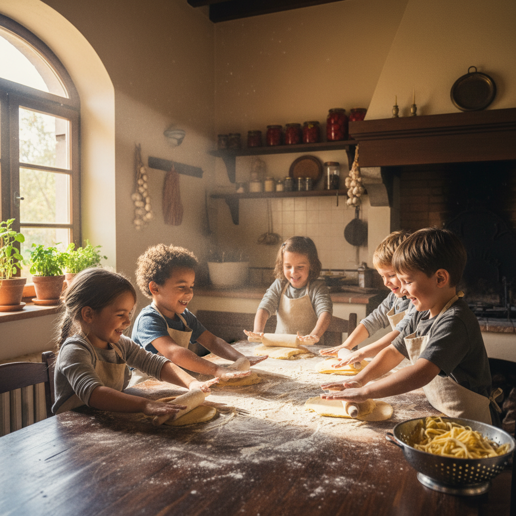 Children rolling pasta dough by hand at a kitchen table, flour everywhere and smiling
