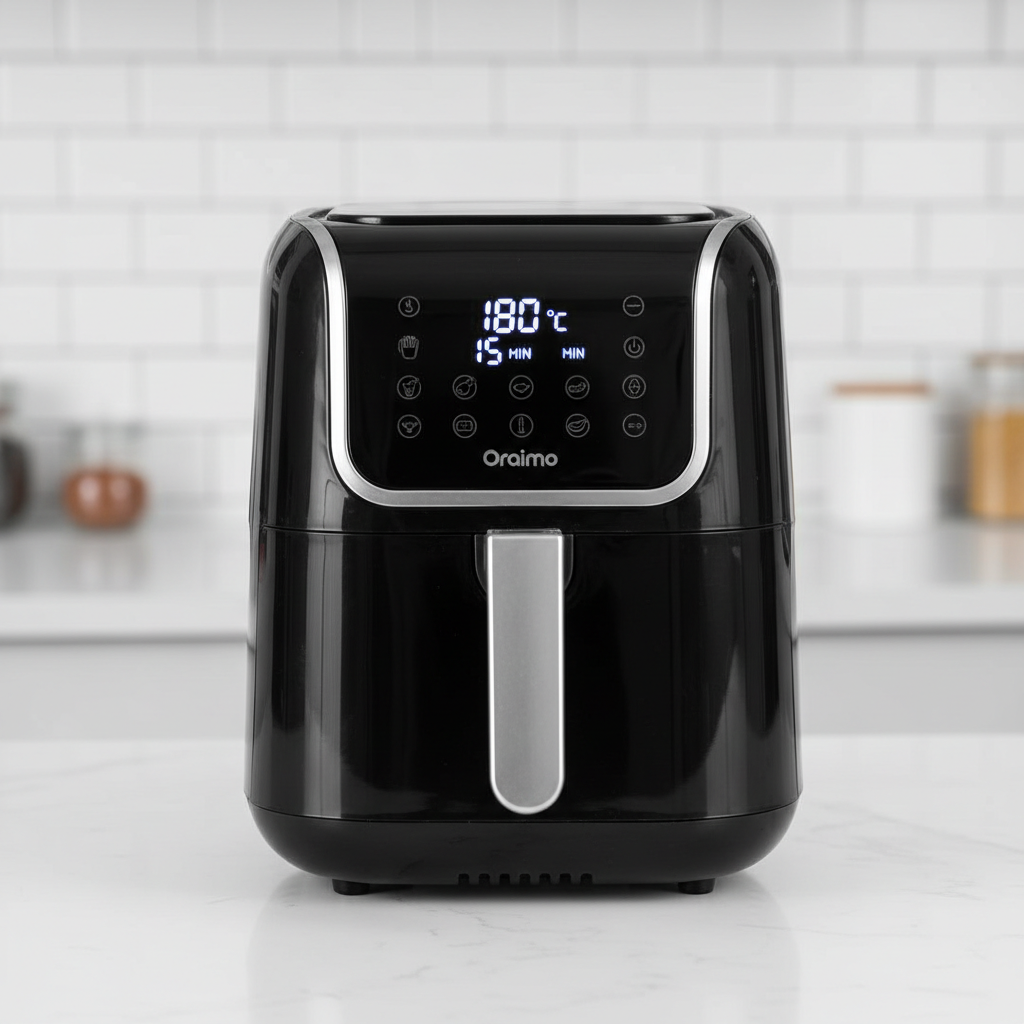 Black air fryer kitchen appliance on a white counter, modern design