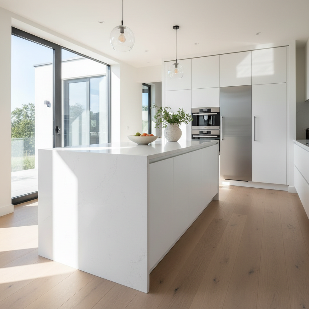 Close-up of polished quartz countertop with waterfall edge in a modern kitchen with natural light