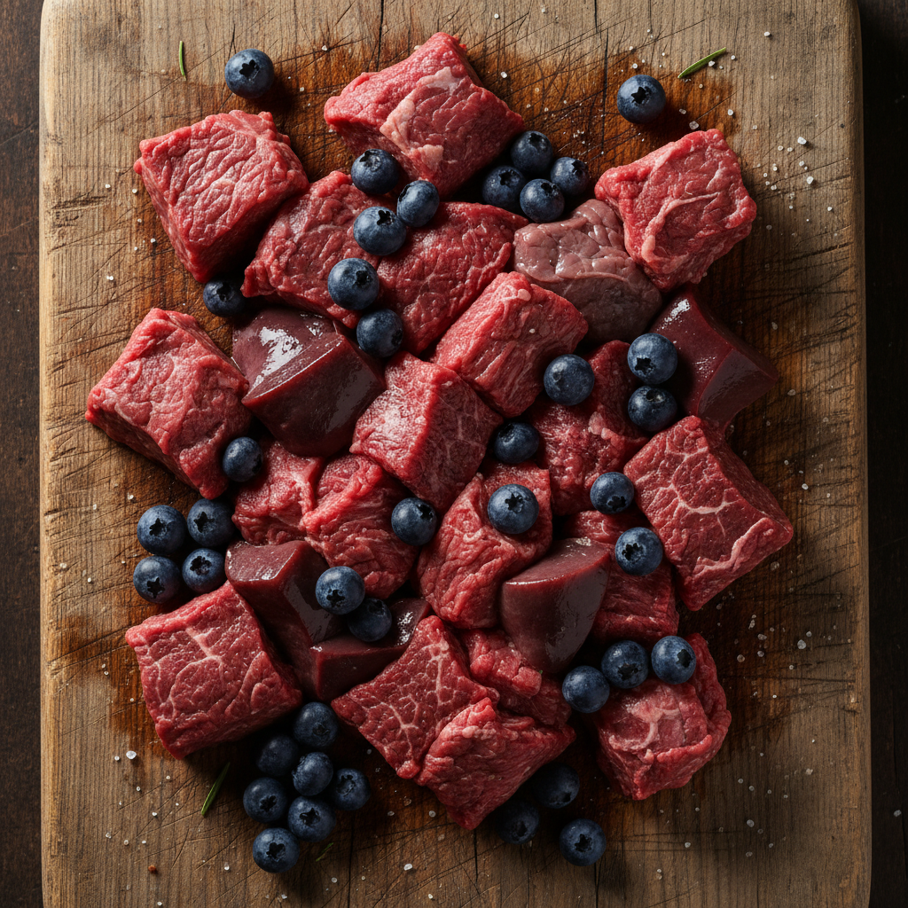 Close-up overhead of raw grass-fed beef chunks with dark organ pieces and blueberry toppers on a wooden board