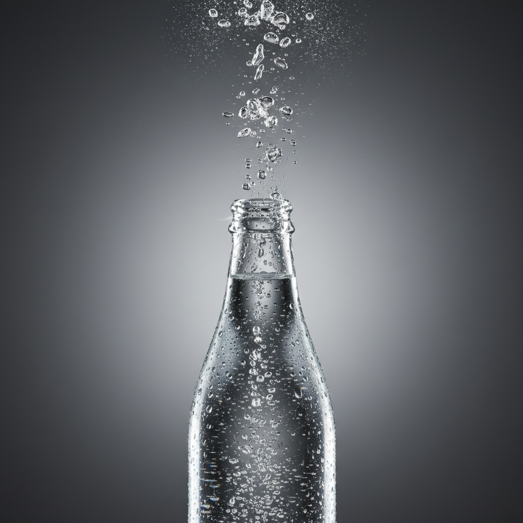 Sparkling water bottle cracked open in studio light, carbonation bubbles rising in extreme slow motion against a gunmetal grey background, condensation on the glass surface