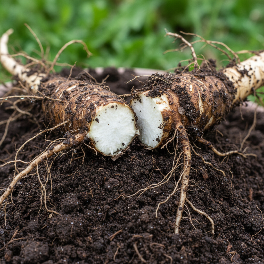Fresh dandelion root with earthy soil texture, broken to show clean white interior