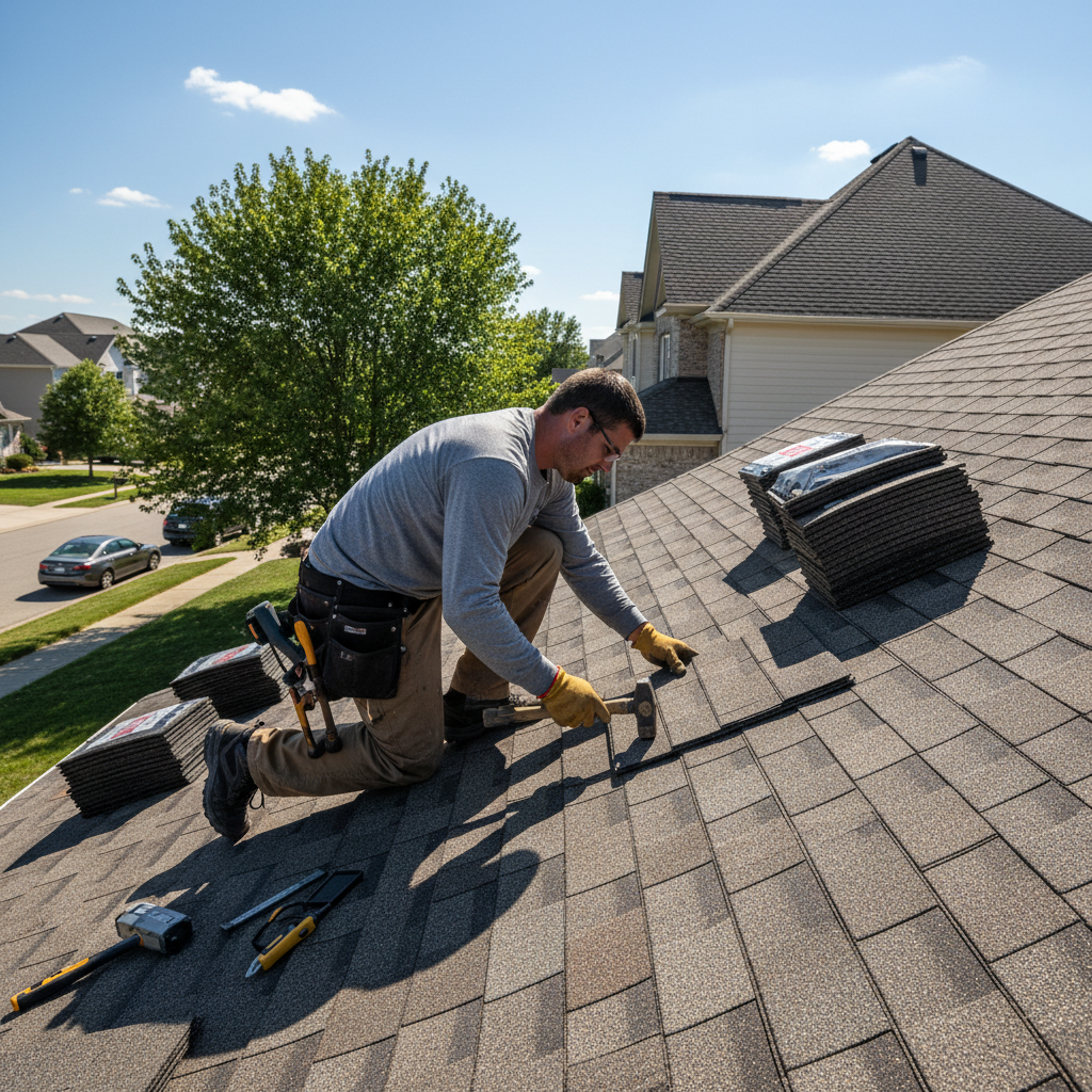 Roofer installing asphalt shingles on a residential roof