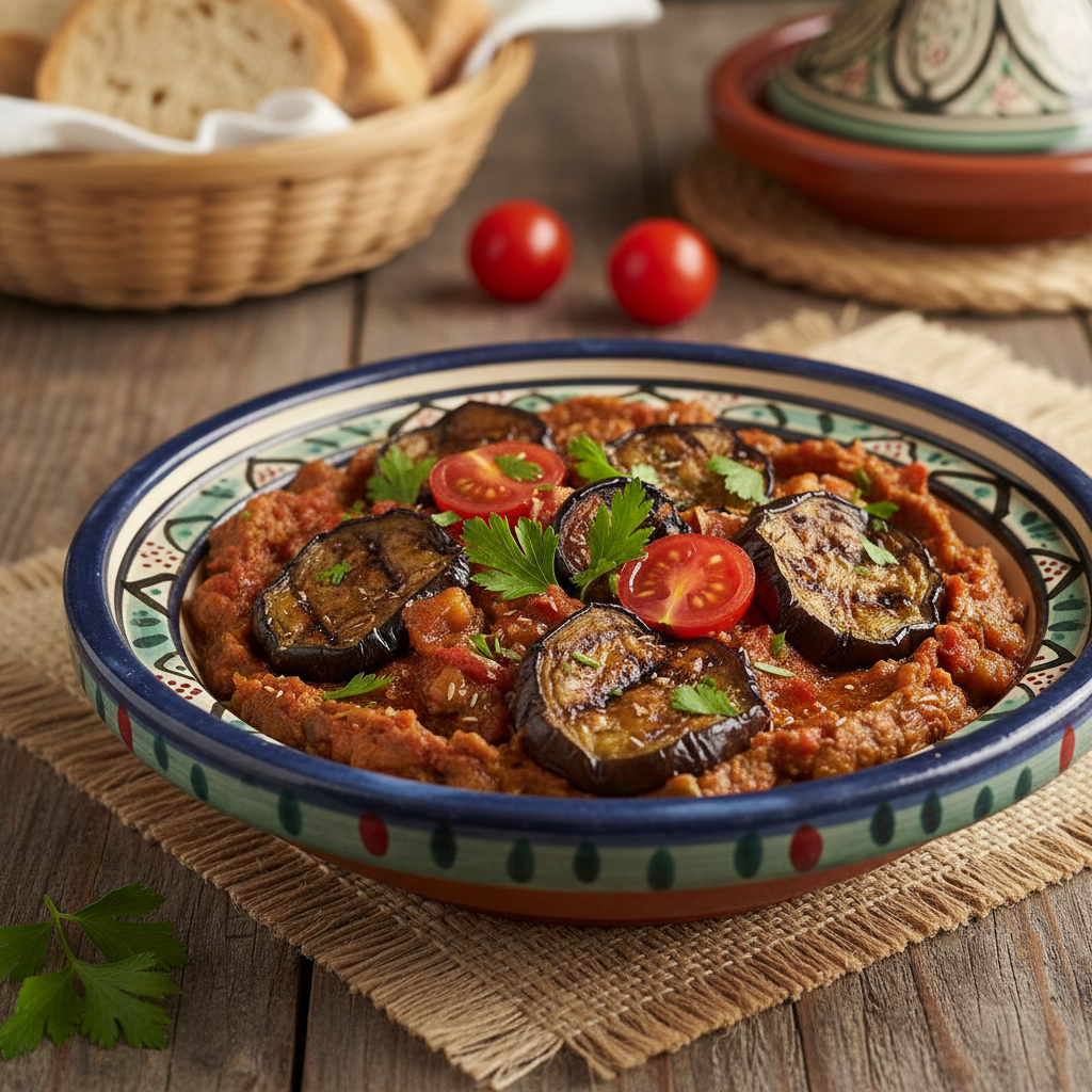 Zaalouk aubergine salad on raw linen with a whole head of garlic beside it