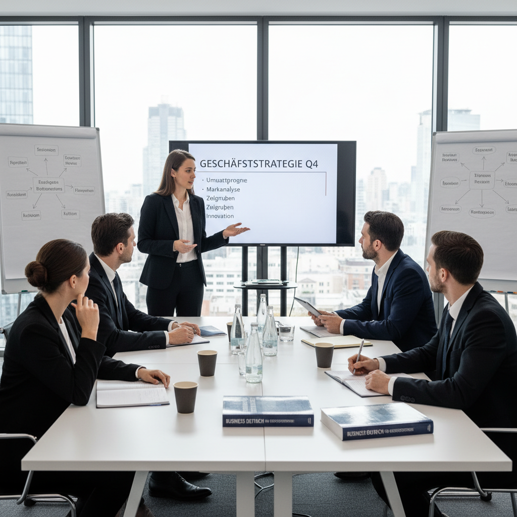 Бизнес-консультант в костюме представляет IT стратегию на интерактивной доске коллегам