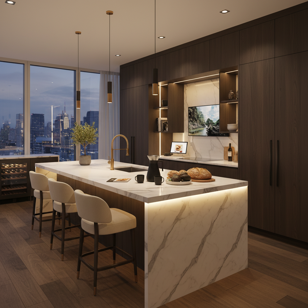 Golden-hour luxury penthouse kitchen island shot styled for influencer content with warm cinematic lighting