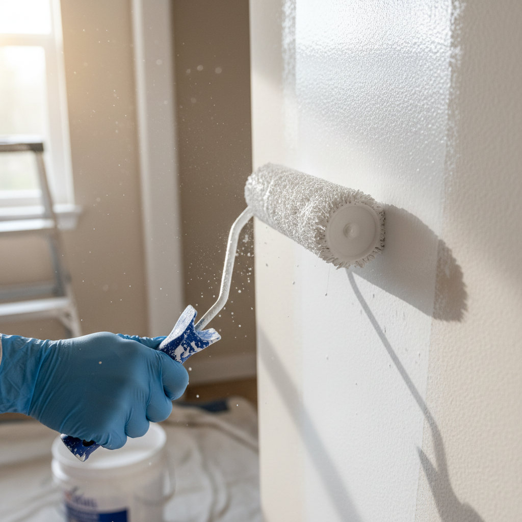 Professional painter applying white paint to an interior wall in a bright London home