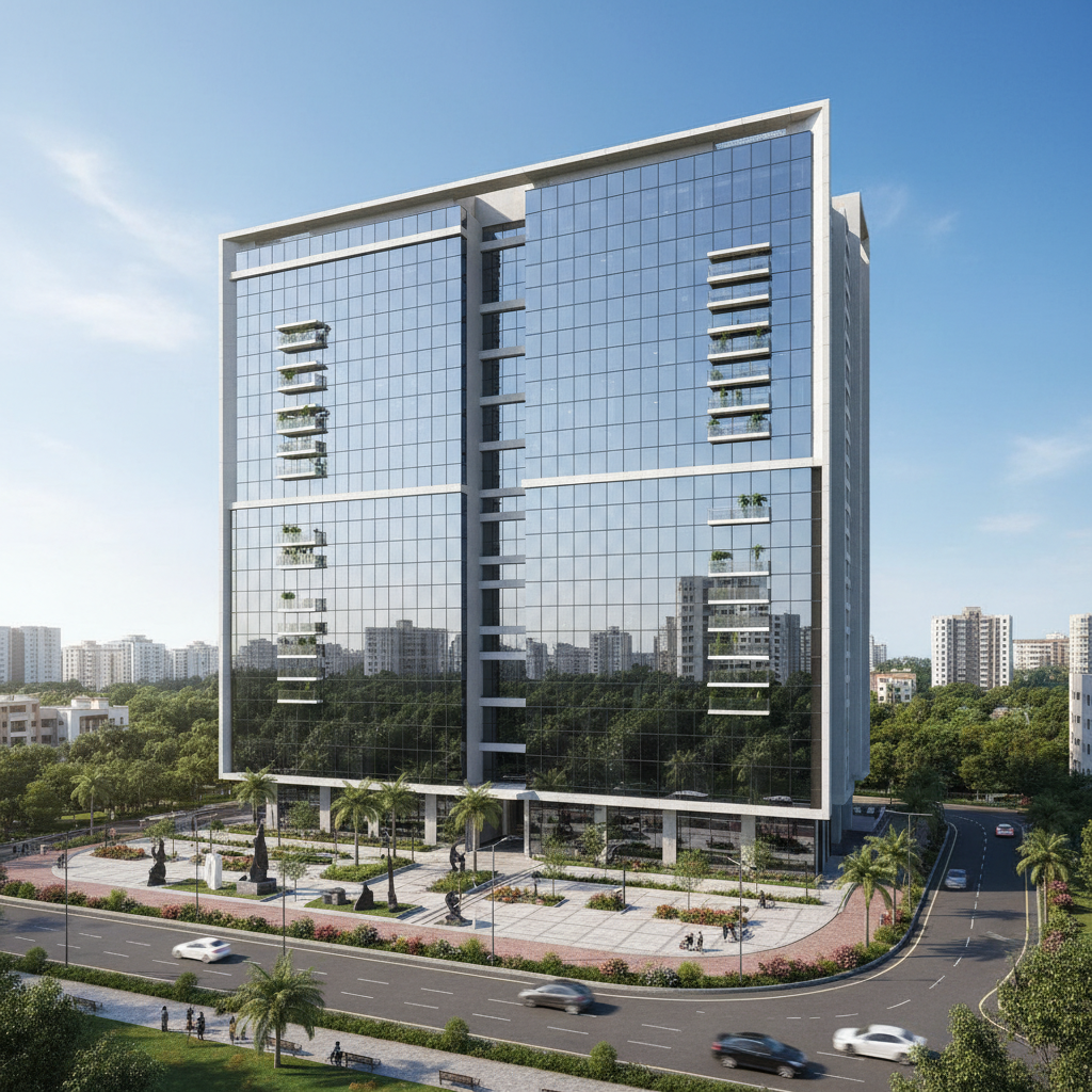 Modern apartment tower with glass facade in Poonamallee