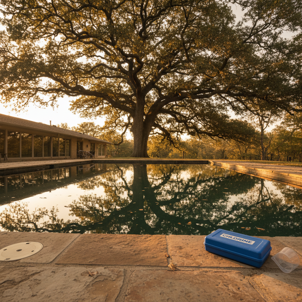 Residential swimming pool at golden hour with still water reflecting mature oak tree canopy, Chlorine branded test-kit case resting on the coping stone