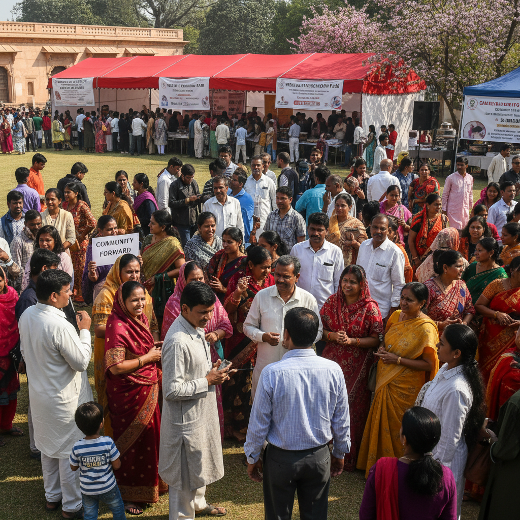 Indian NGO leader addressing community gathering, warm outdoor setting with volunteers