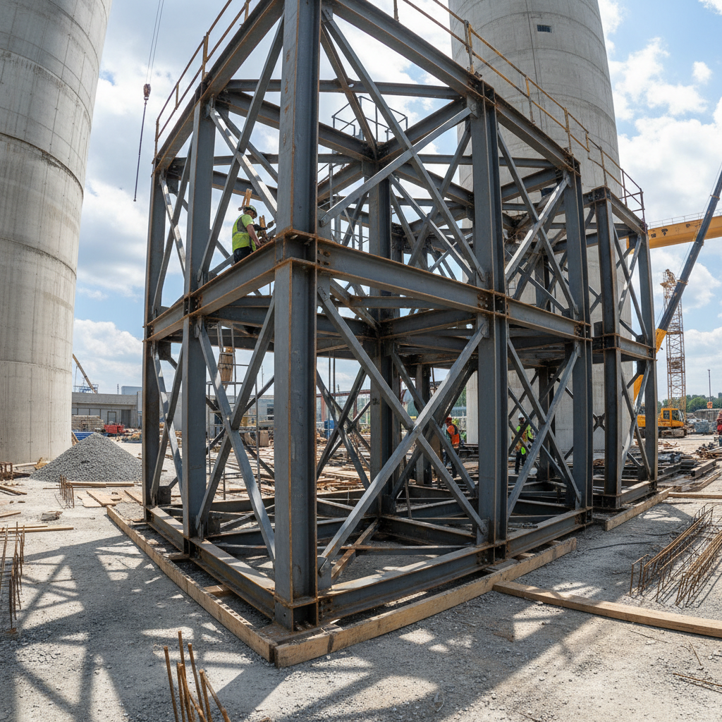 Modern civil engineering construction site with steel framework and concrete structures