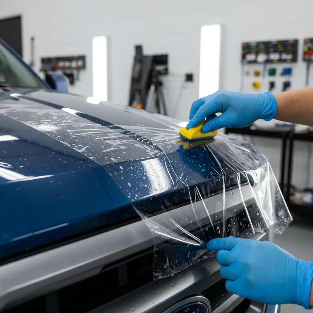 Close-up of car hood with paint protection film application, technician working precisely