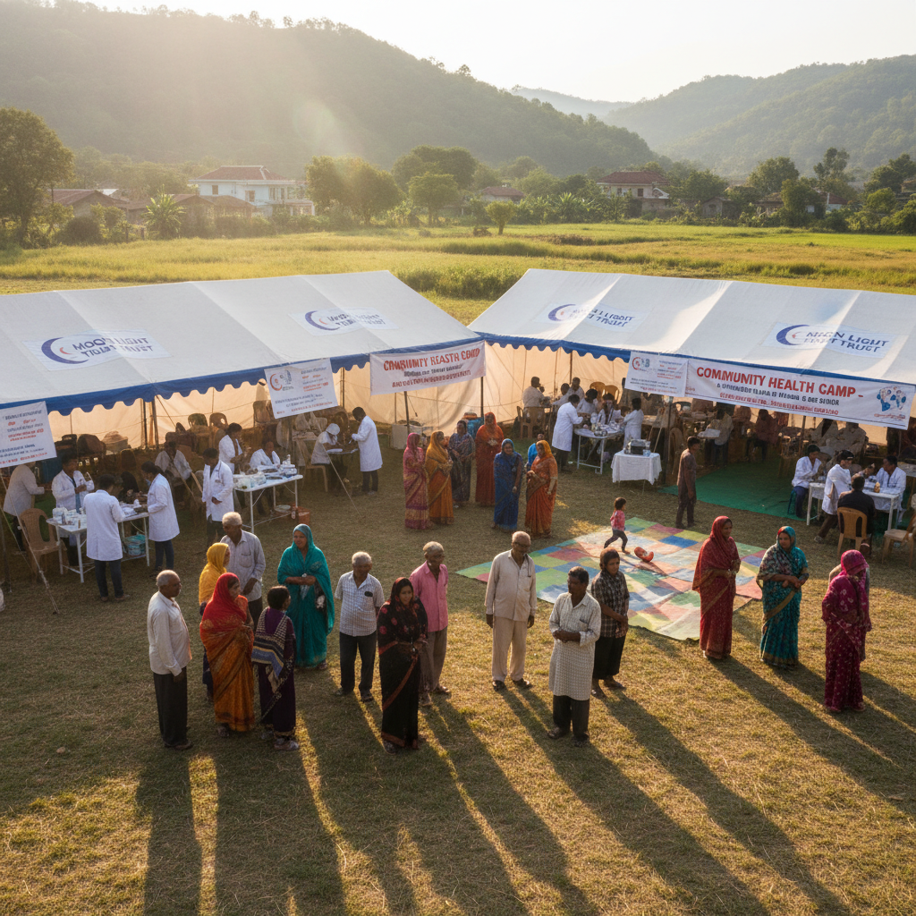 Medical professional conducting free health check in village camp, bright daylight