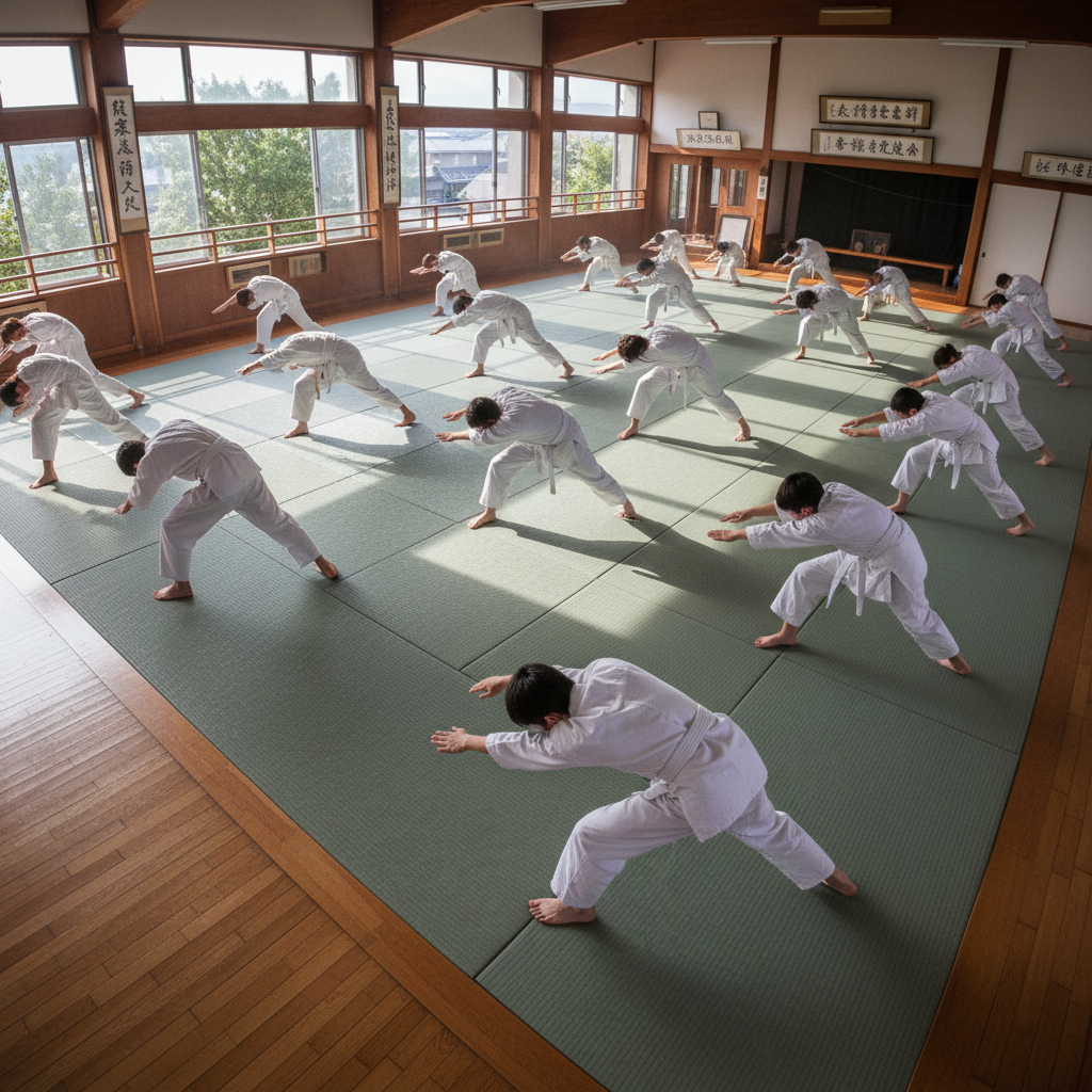 Students doing warm-up stretches on dojo mat