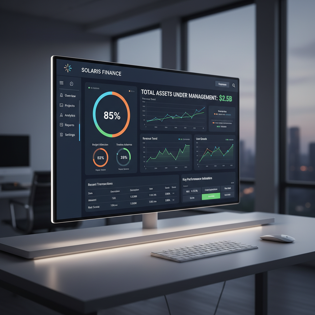 Fintech dashboard on dark monitor, glowing data visualizations in dim atmospheric tech environment