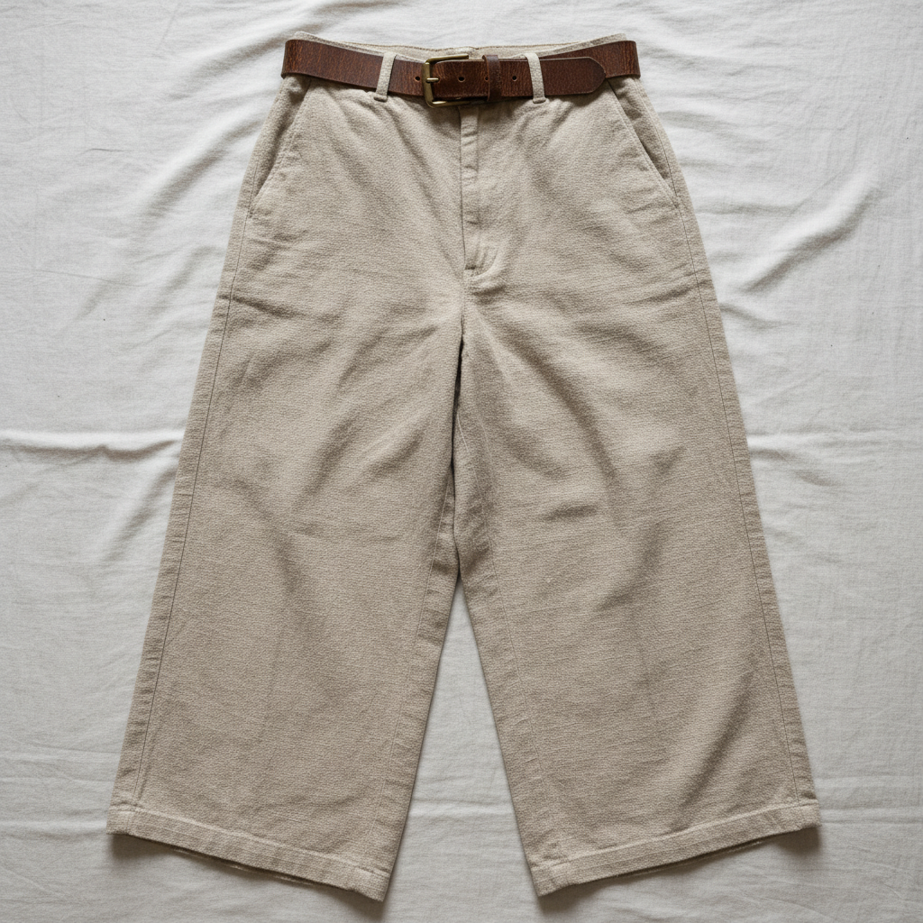 Organic hemp canvas wide-leg trousers with natural undyed finish, worn with vintage leather belt