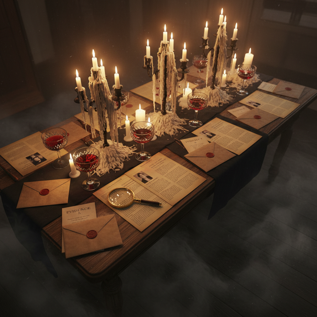 Complete murder mystery tablescape — candelabras dripping wax, sealed evidence envelopes, crystal coupes, suspect dossiers fanned open, magnifying glass, fog curling at baseboards