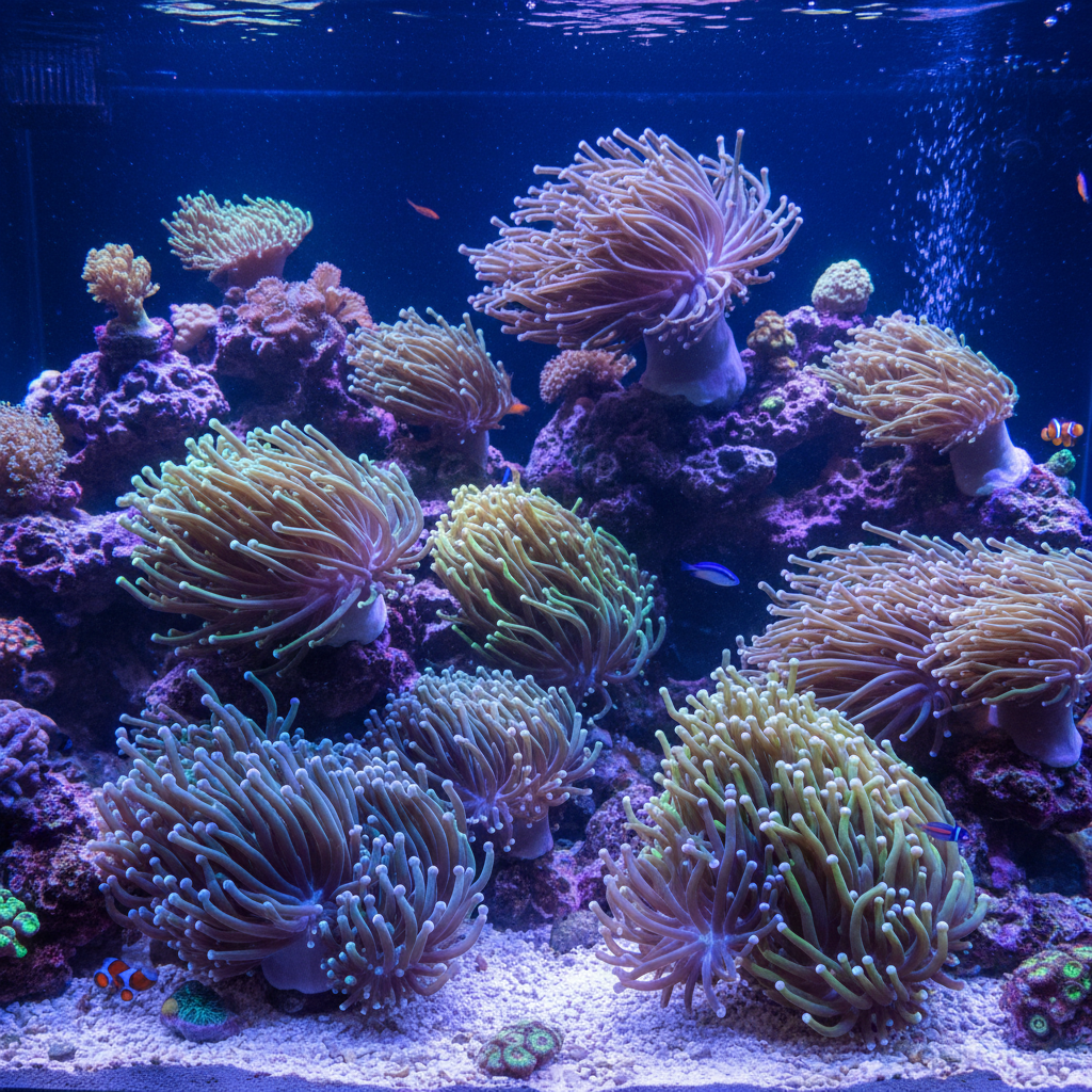 LPS reef tank with torch corals and hammer corals extending their long flowing tentacles