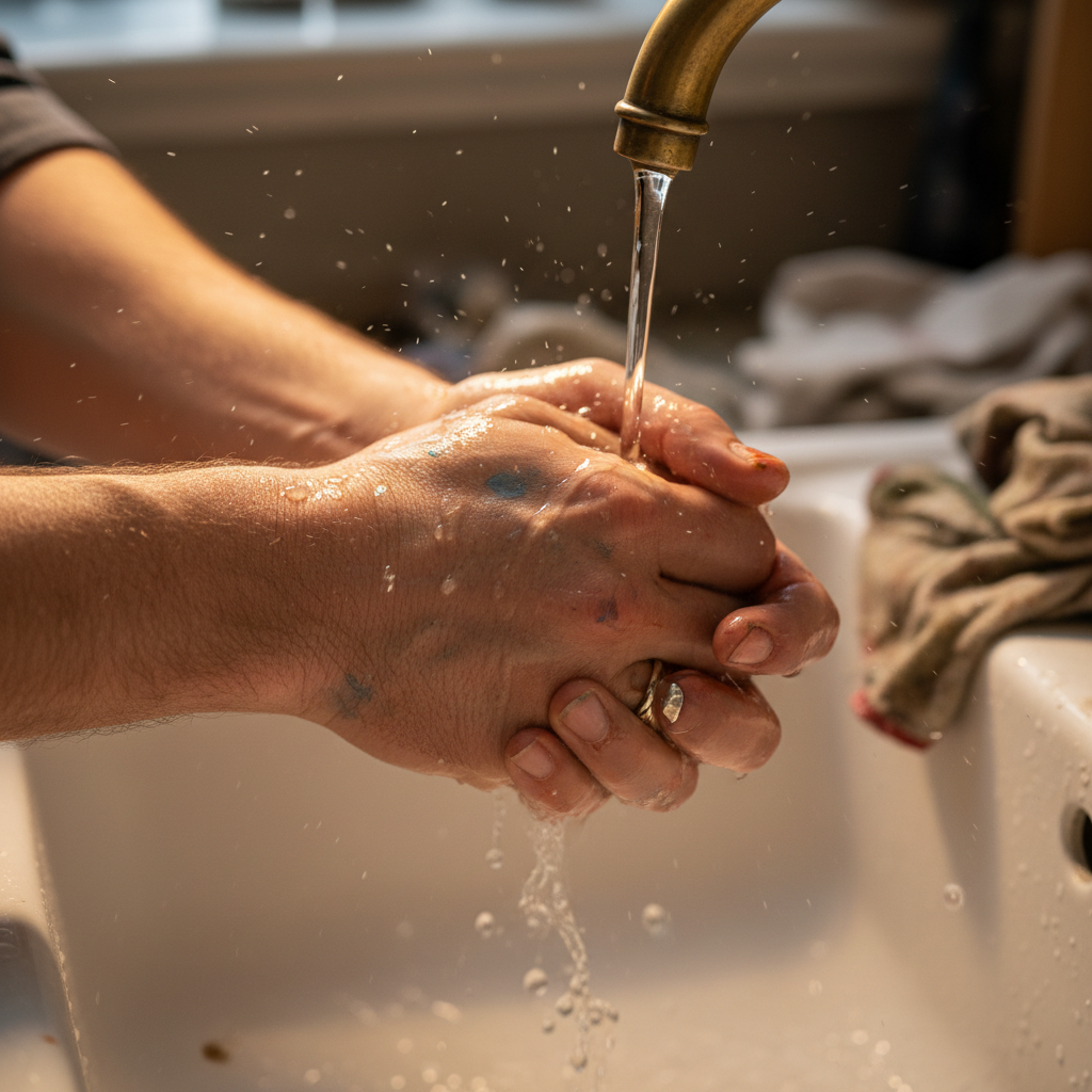 Artist hands washing under warm studio light before tattooing